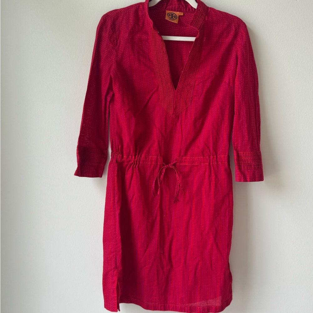 Tory Burch Red and Pink Pattern V-Neck Dress Drawstring Waist Size 4 Cotton